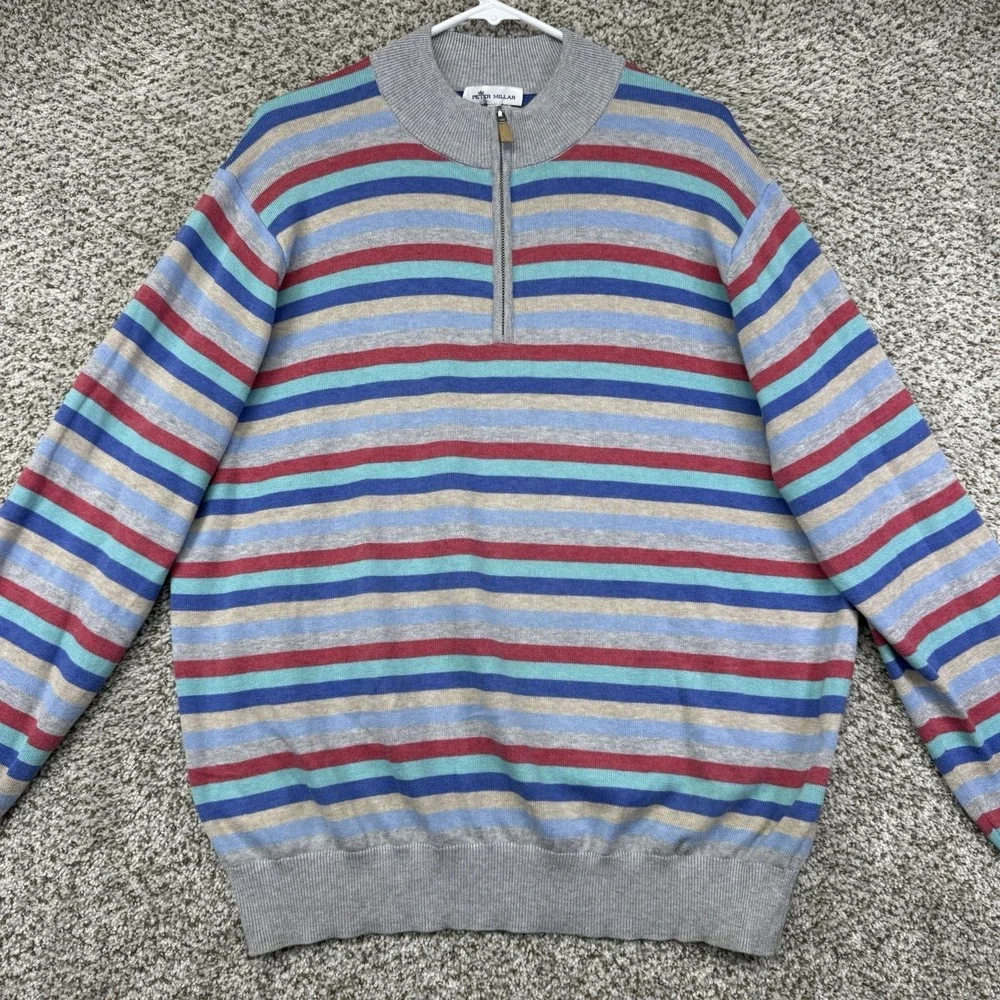 Peter Millar Sweater Men's Large Striped 1/4 Zip Pima Cotton Silk Cashmere Knit - Picture 2 of 15